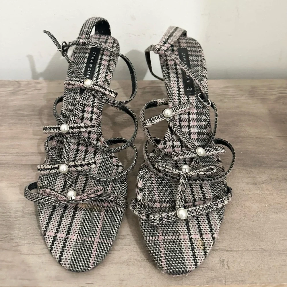 ZARA Fashion Checked Purple Black Pearl Heels size 40 bows preppy 9.5